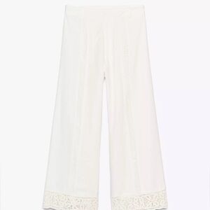 Zara ZW Collection White Wide-Leg Pants with Lace Trim